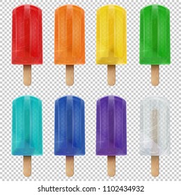 Popsicle rainbow collection of vector realistic isolated colorful fruit pop ice cream. Stock freezer illustration