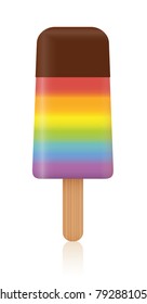 Popsicle - rainbow colored single ice with various fruit aroma pop with chocolate glaze on top - sweet fruity isolated vector illustration on white background.