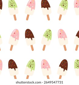 Popsicle seamless pattern with chocolate, matcha, strawberry. Sweet and tasty food element. Can be used for print and decoration