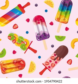 Popsicle seamless pattern. Fruit juicy natural ice cream. Summer refreshing dessert. Vector illustration, background, wallpaper, print for fabric