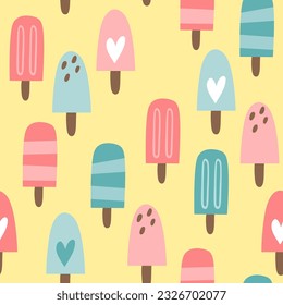 Popsicle seamless pattern. Isolated ice popsicles isolated on yellow background. Square repeat pattern design. Vector illustration.