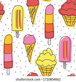 Popsicle seamless pattern vector illustration. Hand drawn cute Popsicle in pink red orange and yellow on a black and white spotted background.