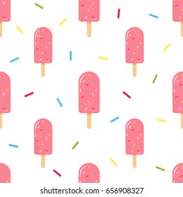 Popsicle Seamless Pattern Vector Illustration, Cute Popsicle With Sprinkles On White Background.