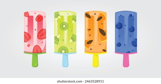 Popsicle set, fruit ice cream with pieces of fruit. Summer cold dessert,  fruit ice. Vector illustration EPS 10