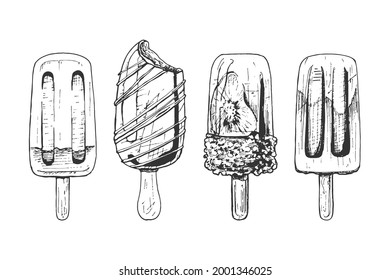 popsicle set, ice cream of different shapes and flavors, sketch, graphics, black and white