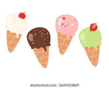 Popsicle set with many flavor and topping. Ice lolly cartoon. Watermelon, chocolate and strawberry. Food illustration. Can be used for wallpaper, print and sticker
