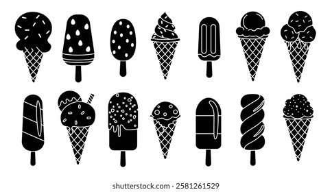 Popsicle silhouette icon clipart set. Ice cream black drawing contour clip art collection summer hand drawn and symbol elements vector illustration. 