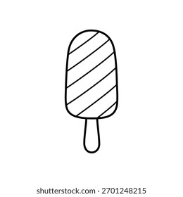 Popsicle in simple black and white line drawing with diagonal stripes, featuring a rounded top and small handle at the bottom, representing a cold treat for hot weather