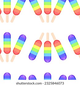 Popsicle stick dessert, rainbow with colorful stripes seamless pattern on white background. Repeats pattern with colorful lolly. Pride colored fruit flavour Eskimo ice cream . sweet lollipop.