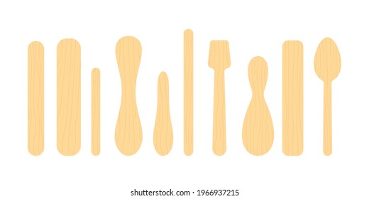 Popsicle stick for ice cream or medical tongue depressor set. Stick for medical throat examination, holding ice cream and lollipop with wooden texture. Flat cartoon vector spoon clip art illustration.