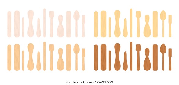 Popsicle stick and spoon for ice cream, medical tongue depressor set. Different wooden color stick medical throat examination, ice cream from light to dark. Flat cartoon vector clip art illustration