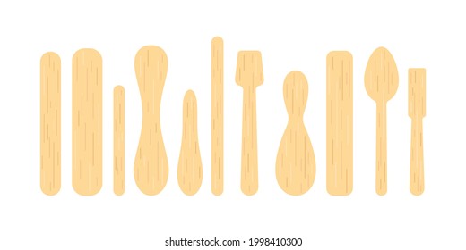 Popsicle stick and wood spoon for ice cream, medical tongue depressor set. Different wooden stick for medical throat examination, sundae and frozen yoghurt. Flat cartoon vector clip art illustration