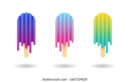 Popsicle sticks Ice cream mixed fruit modern graphic elements. Dynamical colored forms and line. Gradient colorful stripes composition style. floting and shadow objects Vector.