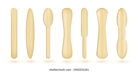 Popsicle sticks, Ice cream wooden elements set. 
Ecological material. Medical wood tongue depressors collection. Realistic vector Illustration.