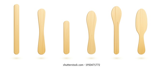 Popsicle sticks, wooden elements for holding ice cream, tongue depressor for throat medical examination different shapes and sizes isolated on white background, Realistic 3d vector Illustration, set