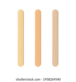 Popsicle sticks, wooden elements for holding ice cream, tongue depressor for throat medical examination. Isolated realistic vector Illustration on white background.