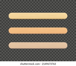 Popsicle sticks, wooden elements for holding ice cream, tongue depressor for throat medical examination. Isolated realistic vector Illustration on white background.