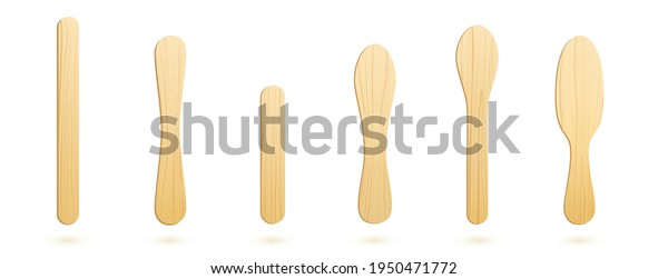 Popsicle sticks, wooden elements for holding ice\
cream, tongue depressor for throat medical examination different\
shapes and sizes isolated on white background, Realistic 3d vector\
Illustration, set