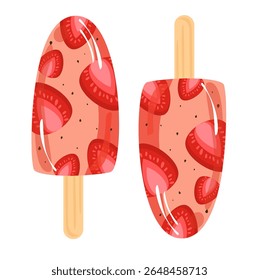 Popsicle with strawberry cartoon. Ice cream illustration. Can be used for wallpaper, healthy food sticker, summer theme element, food element.