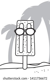 Popsicle with sunglasses funny cartoon in black and white