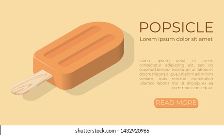 
Popsicle template. Contains an orange popsicle with light, shadow and text block. Can be used for web banner, website, advertising. Isometric vector illustration.