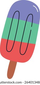 A popsicle with three horizontal stripes in a flat style. The ice cream bar features a wooden stick and bold outlines. Cartoon vector illustration.