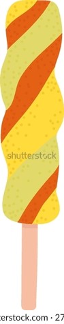 Popsicle with twisted spiral layers on a wooden stick, speckled texture in a clean cartoon style. Symbol of summer treat, refreshment, sweetness, dessert craving. Cartoon vector illustration.
