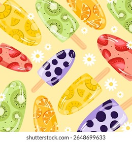 Popsicle with various flavour cartoon. Mix fruit lollies. Ice cream illustration. Can be used for wallpaper, sticker, summer theme element, tropical event.