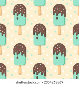 Popsicle vector seamless pattern. Chocolate and mint ice cream on dotted beige background. Best for textile, wallpapers, home decoration, wrapping paper, package and web design.