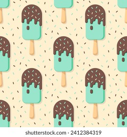 Popsicle vector seamless pattern. Chocolate and mint ice cream on beige background. Best for textile, wallpapers, home decoration, wrapping paper, package and your design.