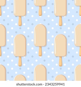 Popsicle vector seamless pattern. Vanilla ice cream on blue dotted background. Best for textile, wallpapers, home decoration, wrapping paper, package and web design.