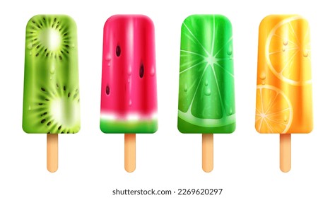 Popsicle vector set design. Popsicle kiwi, watermelon, lime and lemon fruits isolated in white background. Vector illustration summer popsicles collection.
