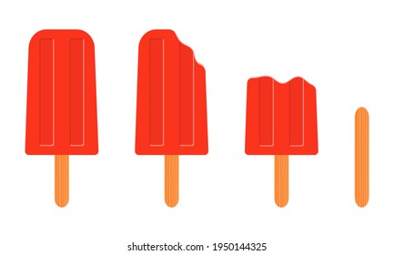 Popsicle whole and bitten, empty ice cream stick isolated on white background. Sweet frozen summer dessert. Vector cartoon illustration.