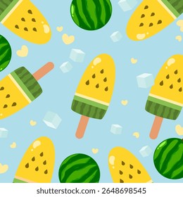 Popsicle yellow watermelon seamless pattern. Ice lolly illustration. Summer theme cartoon. Can be used for wallpaper, print, and fashion fabric