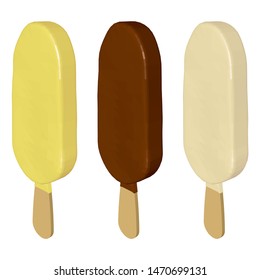Popsicles Covered with Creamy Chocolate and Vanilla Frostings. White Brown and Yellow Ice Creams on Sticks Isolated on White Background. Realistic 3D Vector Illustration.