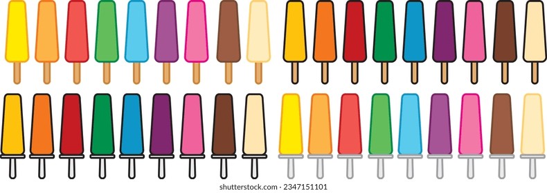 Popsicles cylinder ice pop ice lolly in different colors variety isolated outline color, rainbow color, pink, chocolate, vanilla, Vector illustration on white background. Cute simple minimalist style