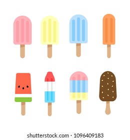 Popsicles, ice cream flavors flat illustration.