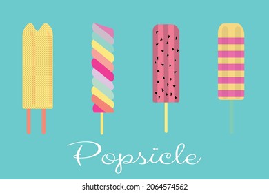 Eier, Eiscreme-Geschmacksrichtungen, flache Illustration. Verschiedenes Farbeis einzeln. Eine Reihe von vier bunten Popsikeln.  Satz von Popsicles-Vektorgrafik. Eis mit Draufsicht, Vektorgrafik. 