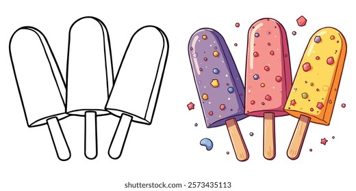 Popsicles and Ice Cream Line Art Vector Illustration Black and White with Coloring Sample. Bold and Easy Food, Sweets, Drinks, Dessert, and Snacks Coloring Pages for Adults and Kids.