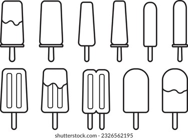 Popsicles ice pop ice lolly in different types, shapes and flavor variety separated isolated line art outline. Vector illustration on white background. Cute simple plain minimalist style. Sticker.