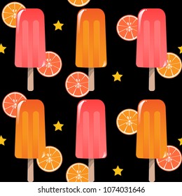 Popsicles ice-cream seamless background pattern with oranges and star for summer print. Vector illustration.