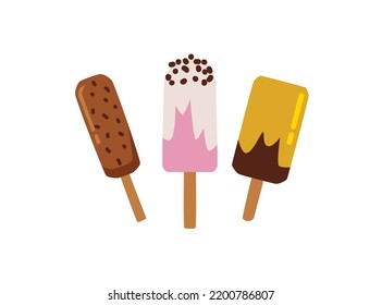 Popsicles kind of ice cream desserts on stick collection. Eskimo pie with chocolate and fruit glaze flat cartoon vector illustration isolated on white background.
