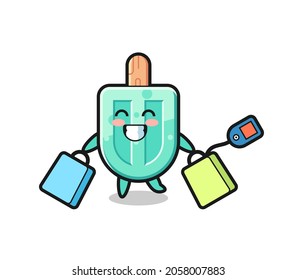 popsicles mascot cartoon holding a shopping bag , cute design