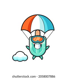 popsicles mascot cartoon is skydiving with happy gesture , cute design