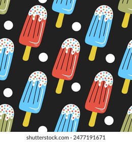 Popsicles on black background. Popsicle ice cream colorful pattern. Vector seamless pattern with popsicles for fabric, textile, wrapping paper 