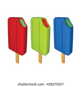 Popsicles with Peppermint Watermelon and Lime Fillings covered with Strawberry Pistachio and Blueberry Frosting. Red Green and Blue Bitten Ice Creams on sticks on White. Low Poly Vector Illustration.