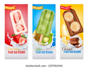 Popsicles realistic banners with advertising of strawberry kiwi and chocolate fruit ice cream isolated vector illustration
