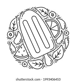 Popsicles round doodle illustration. Black hand drawn emblem of ice pop with pieces of fruit, mint leaves. Contour isolated vector elements on white background