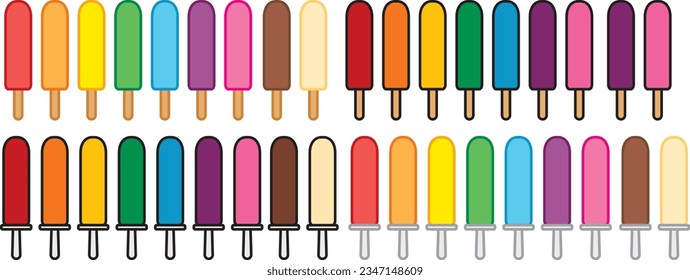 Popsikeln runden Eis Pop-Eis einzeln in verschiedenen Geschmacksrichtungen Vielfalt einzeln Umriss Farbe, Regenbogen, Rosa, Schokolade, Vanille, Vektorgrafik auf weißem Hintergrund. Der schlichte minimalistische Stil. 