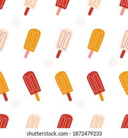 Popsicles seamless pattern. Colorful summer print that refers to ice cream, beach, rest, day off, weekend, holidays, dessert, sweets, treats. Perfect for printing fabrics and wrapping paper. 